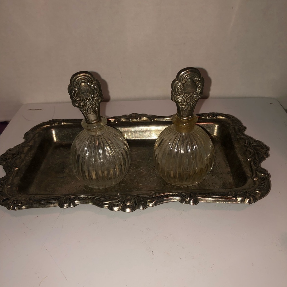 Elegant vintage Silver Tray with Glass Perfume Bottles- add to your collection